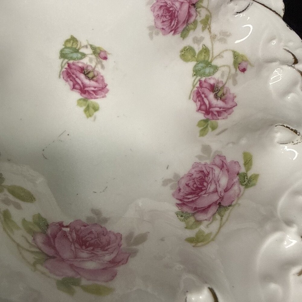 Antique MZ Austria Plate Decorative Oval Ruffle Edge Roses Gold Back Mark - Picture 14 of 16